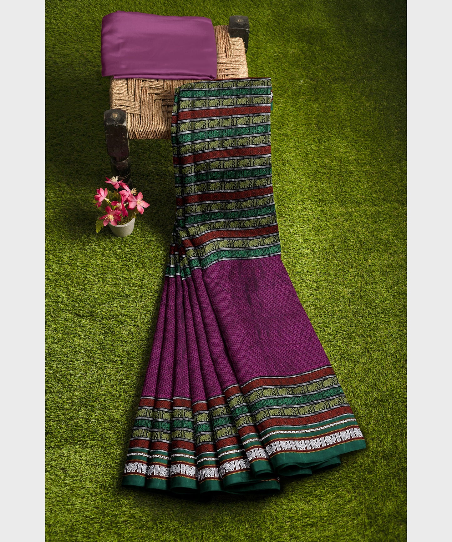Traditional Khana Saree with Multicolour Motif Strip Border - Violet freeshipping - Shreni Samudaya