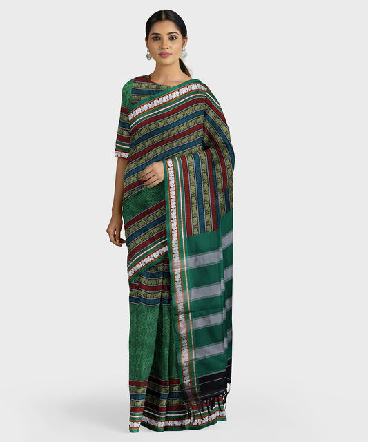 Traditional Khana Saree with Multicolour Motif Strip Border - Green freeshipping - Shreni Samudaya