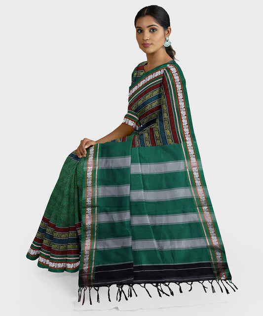 Traditional Khana Saree with Multicolour Motif Strip Border - Green freeshipping - Shreni Samudaya