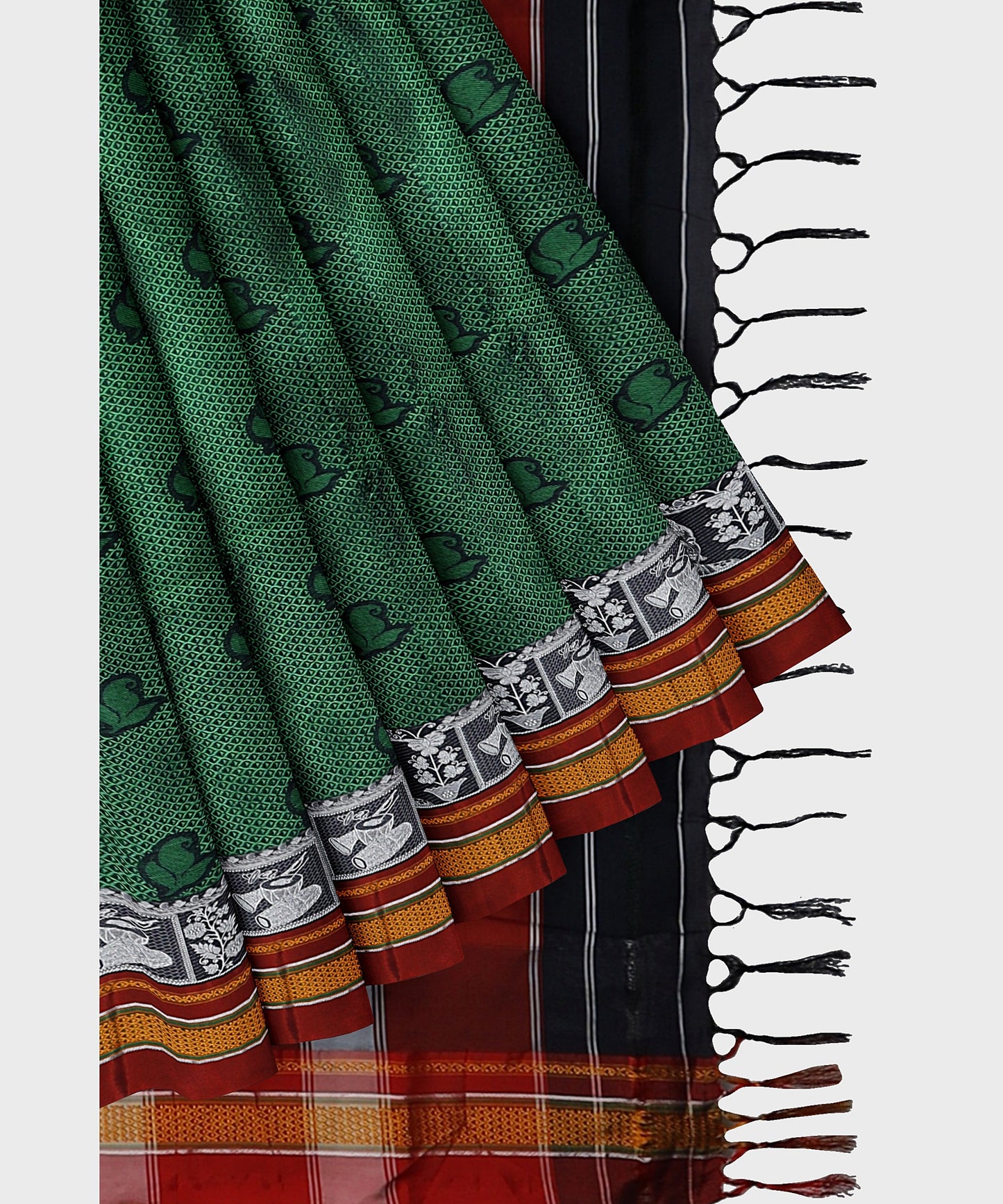 Traditional Khana Saree - Metallic Green Woven Body with Black and White Patti Design and Red Border freeshipping - Shreni Samudaya