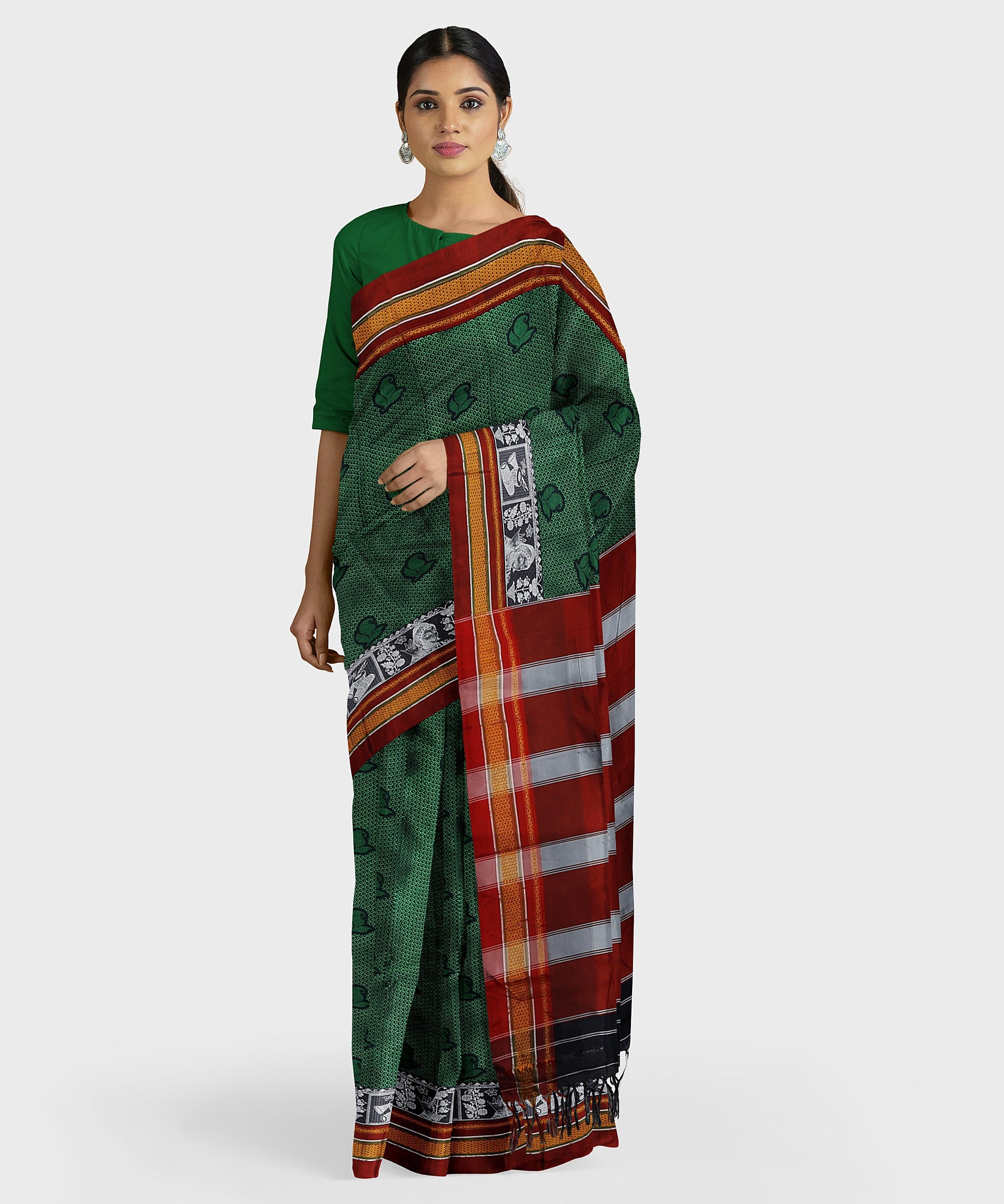 Traditional Khana Saree - Metallic Green Woven Body with Black and White Patti Design and Red Border freeshipping - Shreni Samudaya