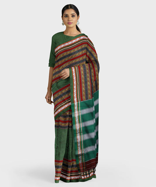 Traditional Khana Saree with Multicolour Motif Strip Border - Metallic Green freeshipping - Shreni Samudaya