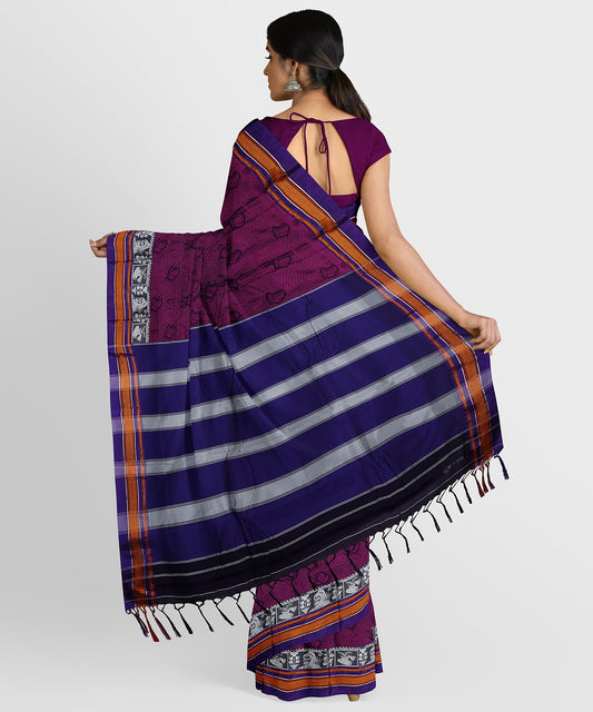 Traditional Khana Saree - Metallic Purple Woven Body with Black and White Patti Design and Blue Border freeshipping - Shreni Samudaya