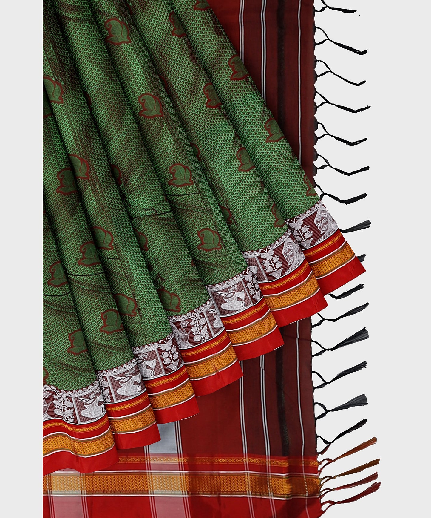Traditional Khana Saree - Metallic Green Woven Body with Maroon and White Patti Design and Red Border freeshipping - Shreni Samudaya