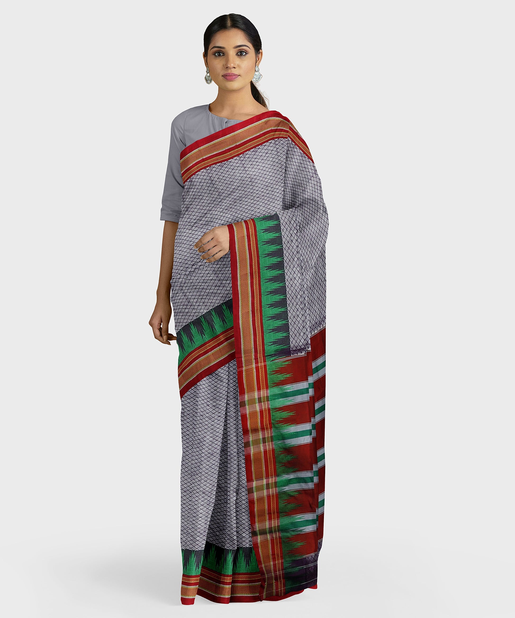 Traditional Khana Saree - Metallic Lavender Woven Body with Green Patti Design and Pink Border freeshipping - Shreni Samudaya