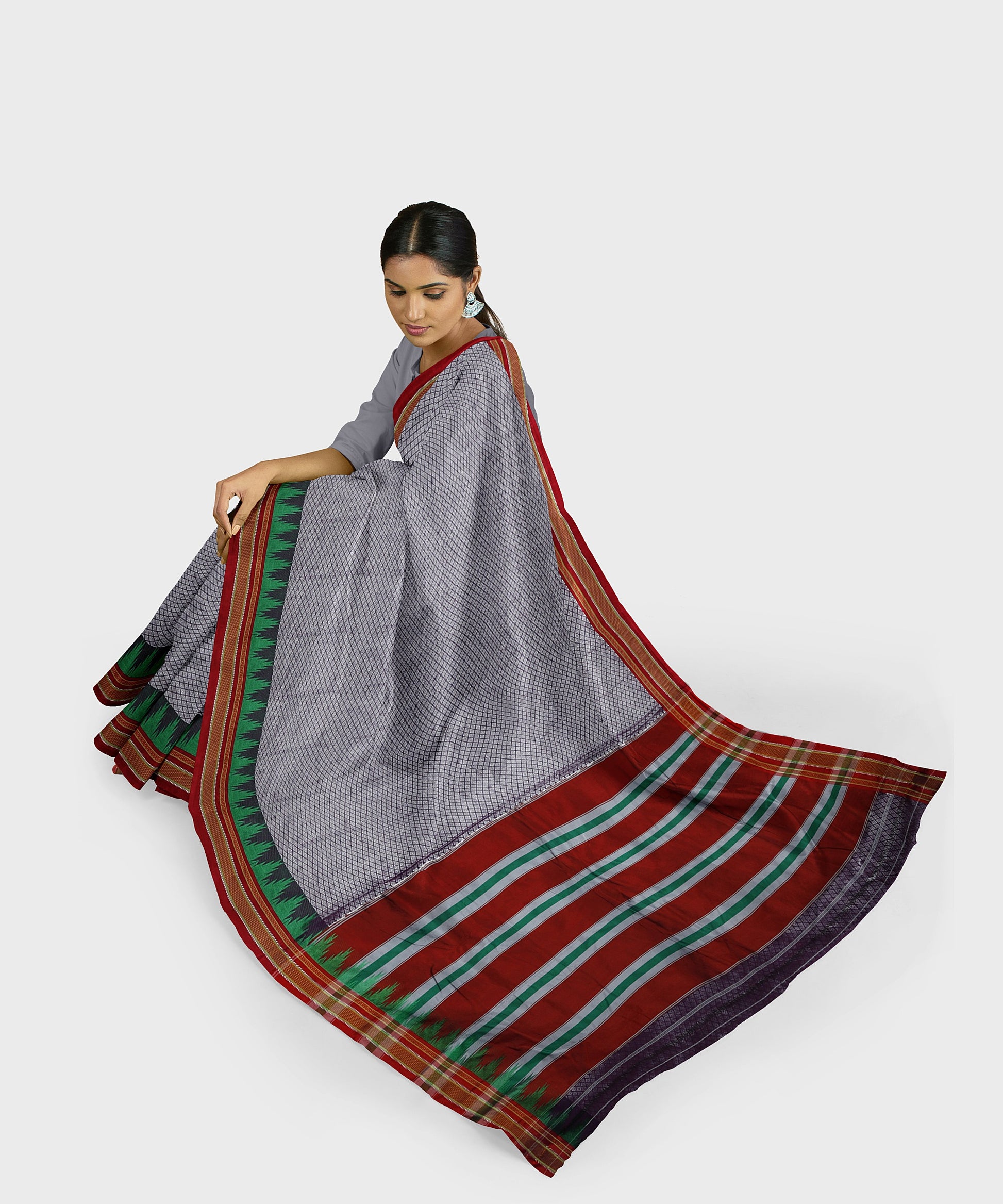 Traditional Khana Saree - Metallic Lavender Woven Body with Green Patti Design and Pink Border freeshipping - Shreni Samudaya
