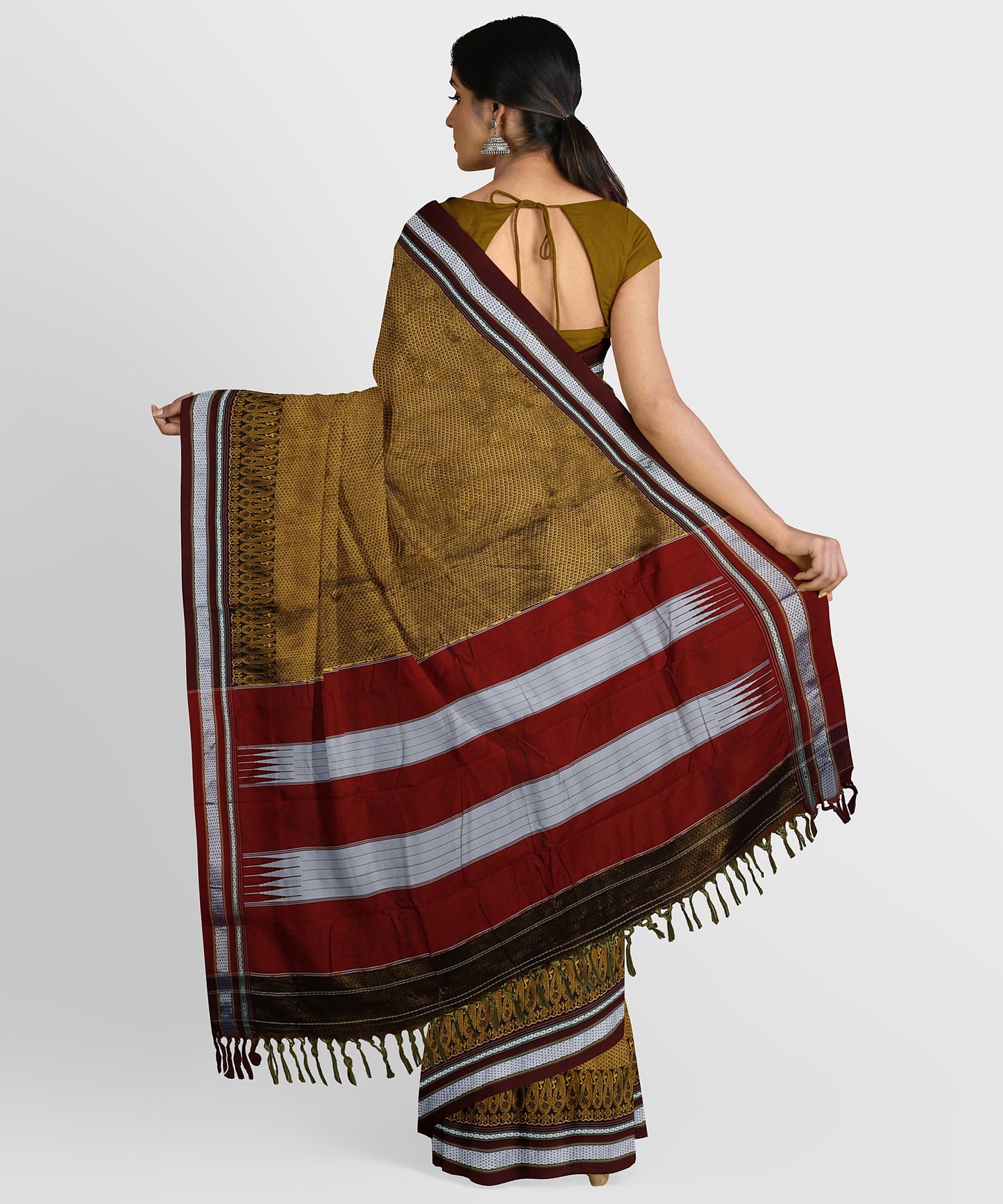 Traditional Khana Saree - Dull Gold Woven Body with Black Patti Design and Maroon Border freeshipping - Shreni Samudaya