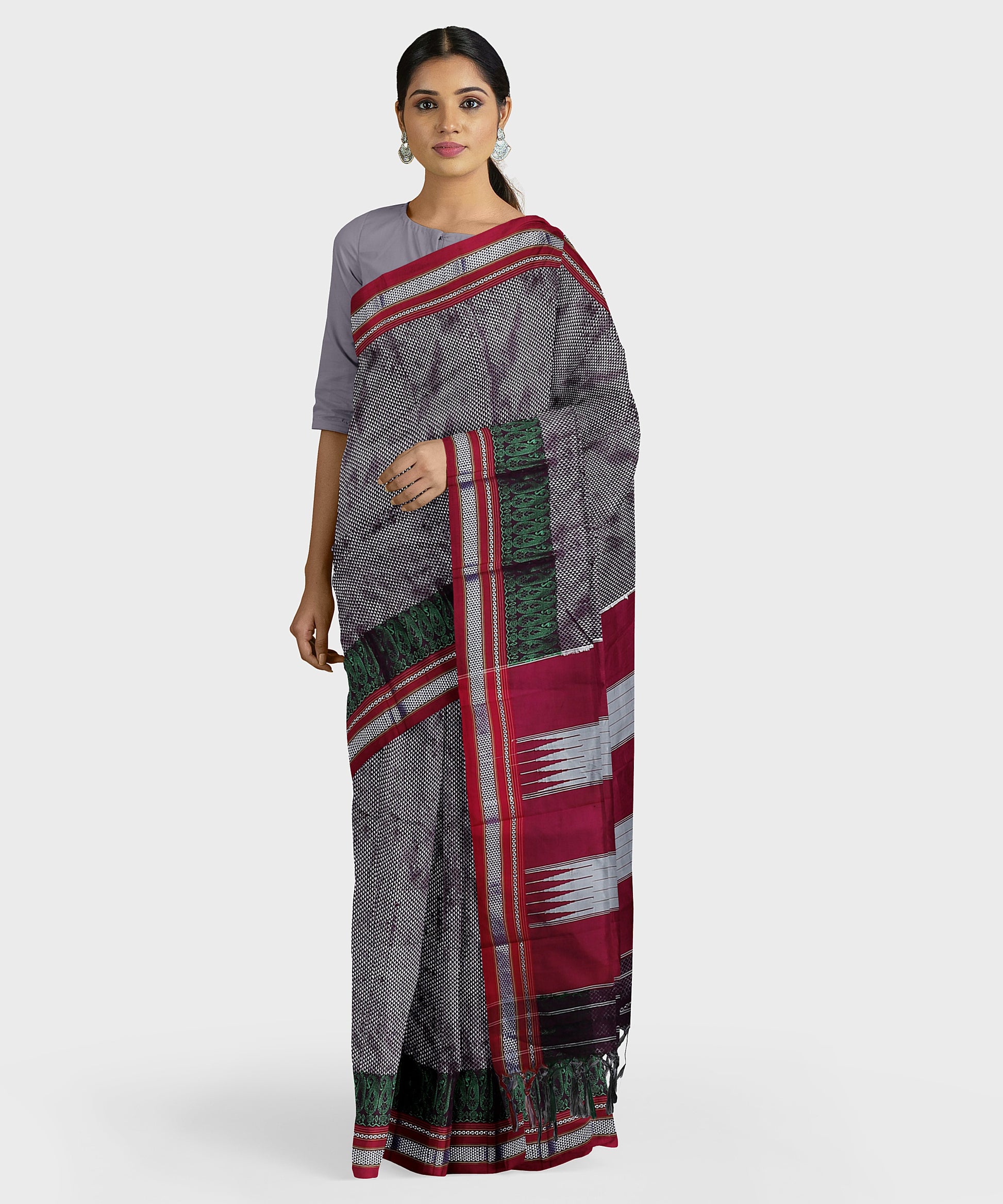 Traditional Khana Saree - Metallic Lavender Woven Body with Green and Black Patti Design and Pink Border freeshipping - Shreni Samudaya