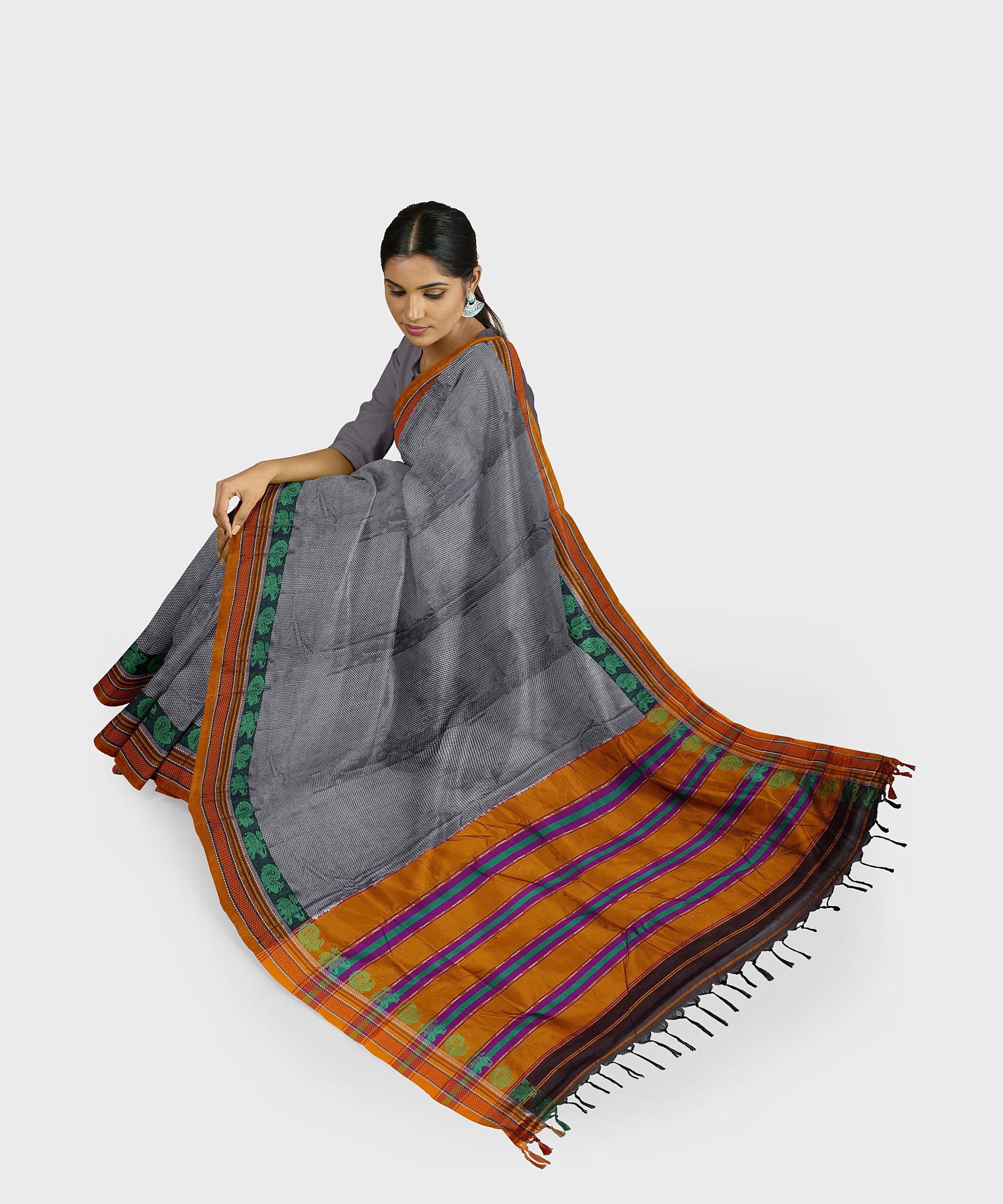 Traditional Khana Saree - Silver Woven Body with Green and Black Patti Design and Yellow Border freeshipping - Shreni Samudaya
