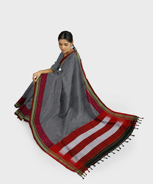 Traditional Khana Saree - Silver Woven Body with Pink Patti Design and Red Border freeshipping - Shreni Samudaya