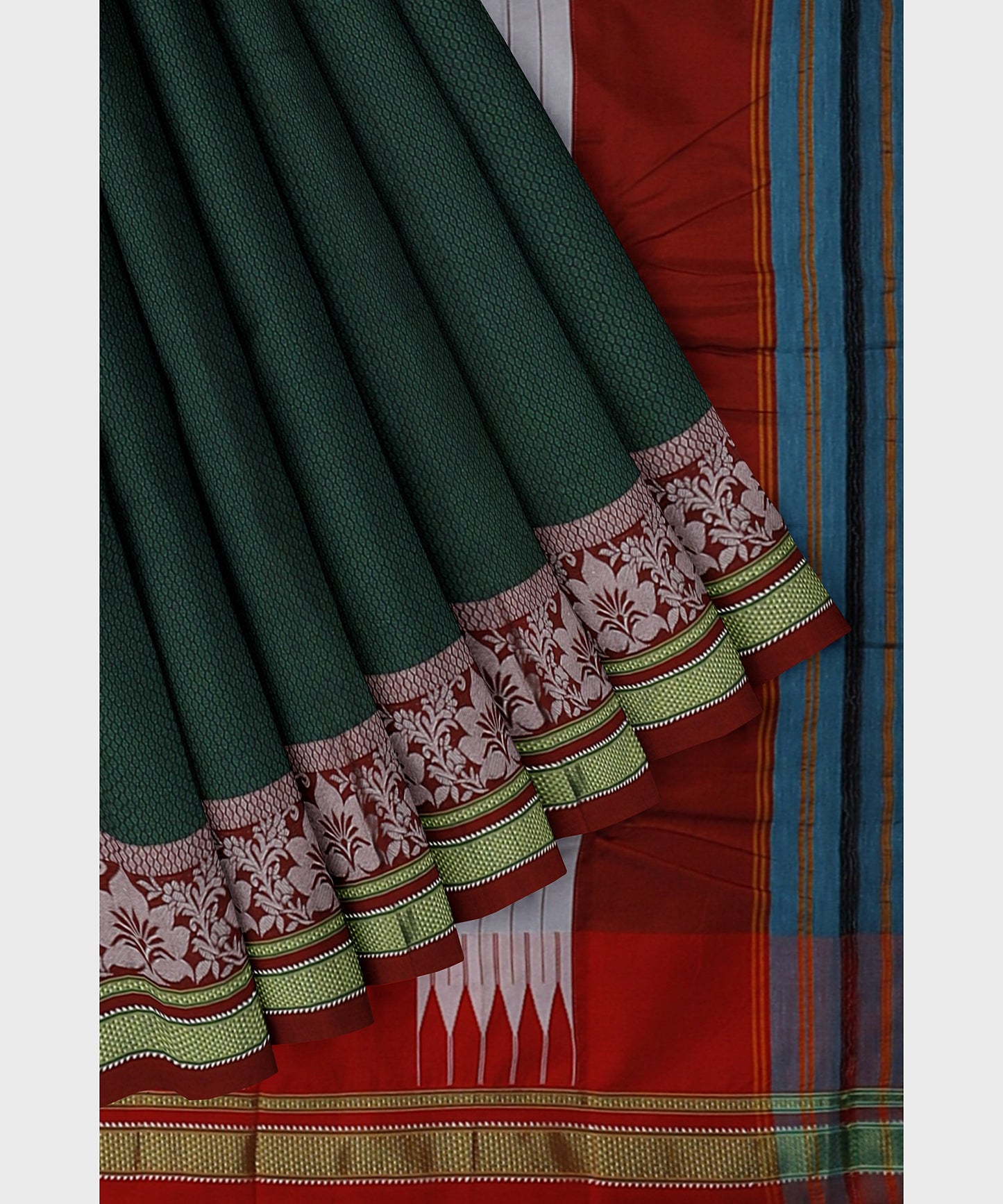 Traditional Khana Saree - Metallic Green Woven Body with Silver and Red Patti Design and Red Border freeshipping - Shreni Samudaya