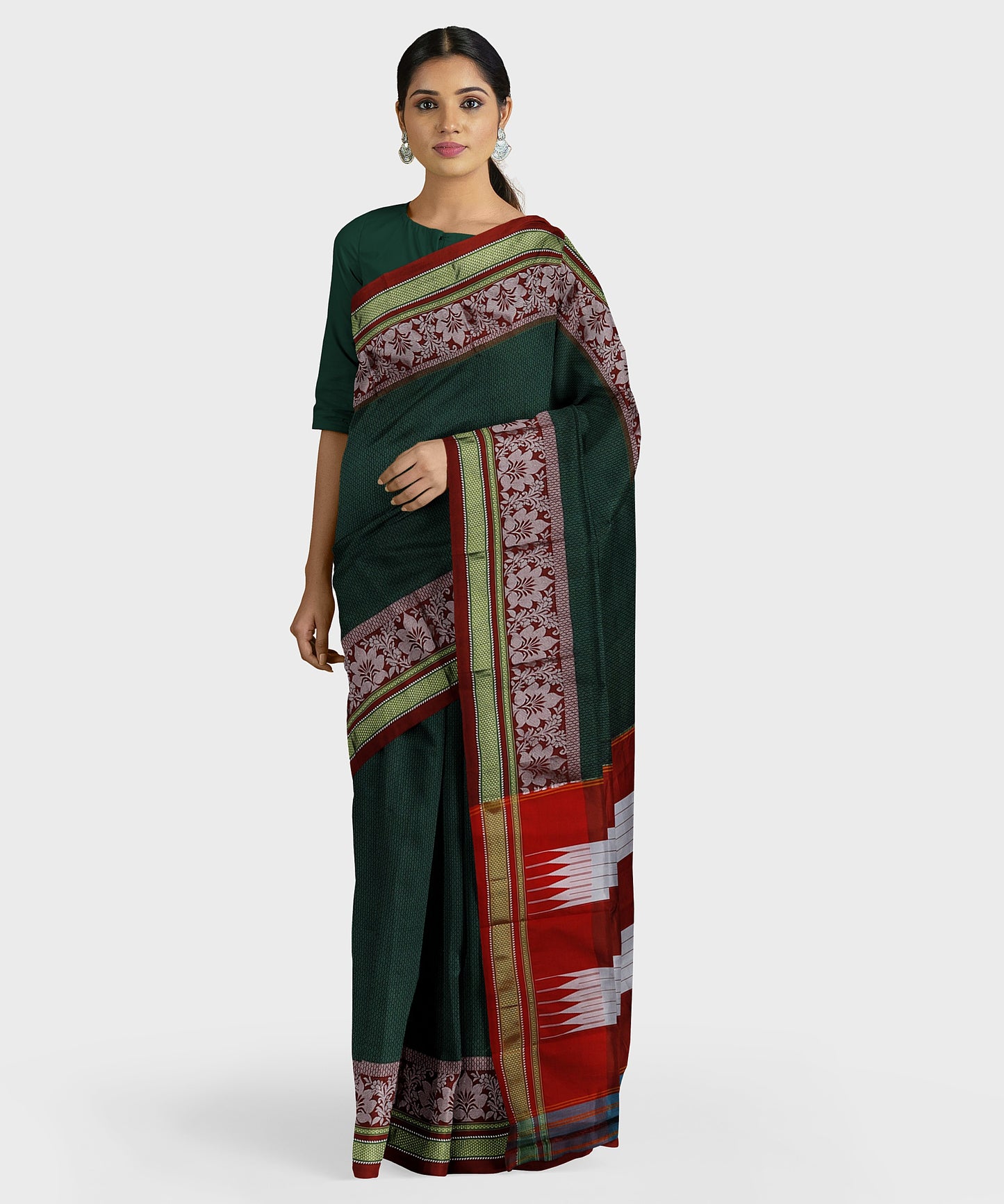 Traditional Khana Saree - Metallic Green Woven Body with Silver and Red Patti Design and Red Border freeshipping - Shreni Samudaya