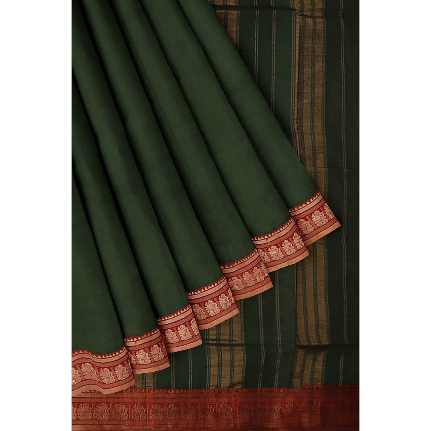 Kajal - Pure Cotton Saree - Mehandi Green with Red Border