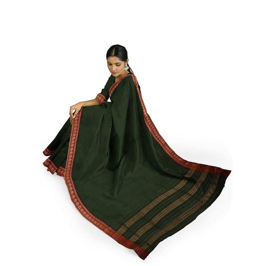 Kajal - Pure Cotton Saree - Mehandi Green with Red Border