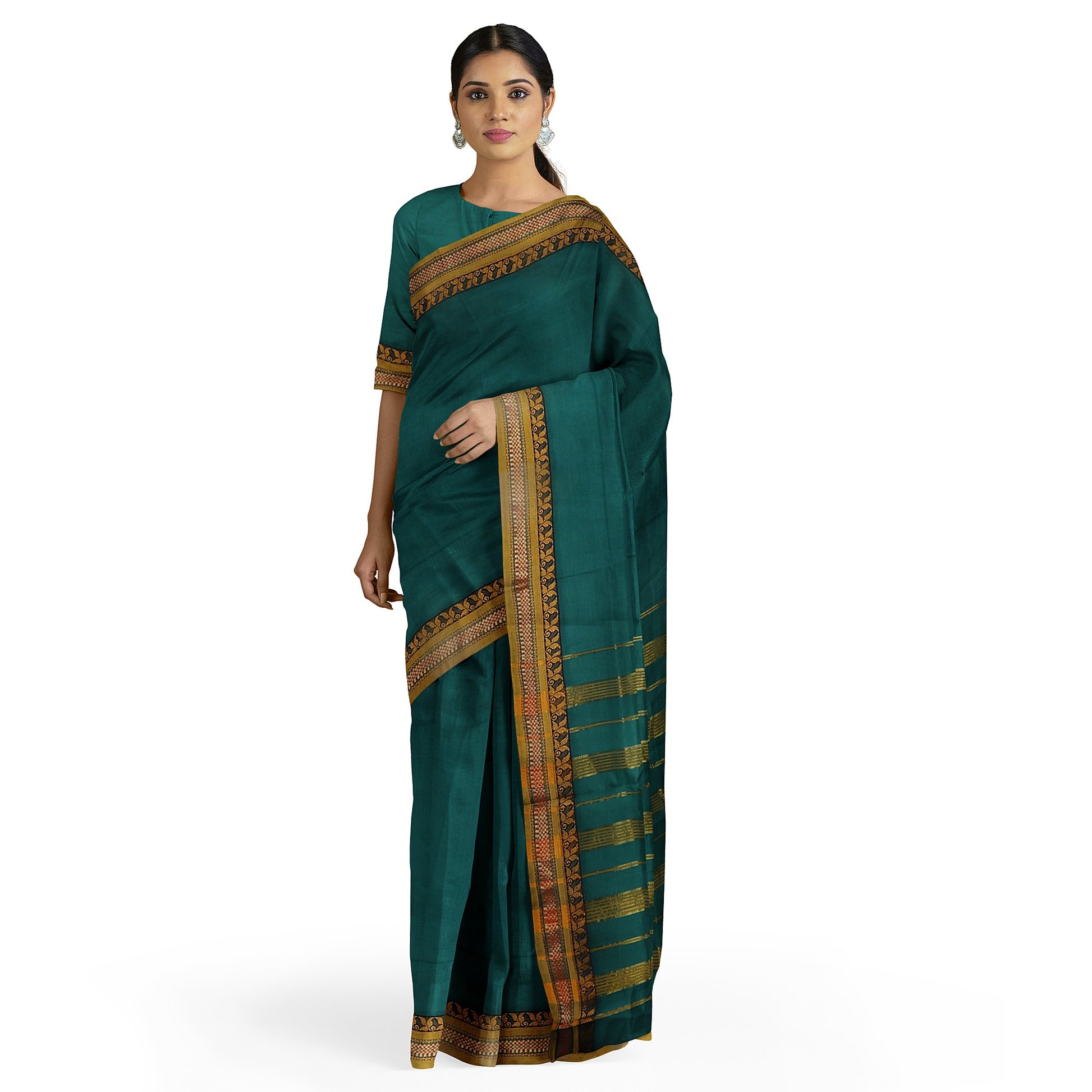 Shridevi Pure Cotton Saree - Green freeshipping - Shreni Samudaya