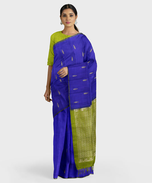 Sahitya - Pure Silk Handloom Saree Without Border - Blue with Green Pallu freeshipping - Shreni Samudaya