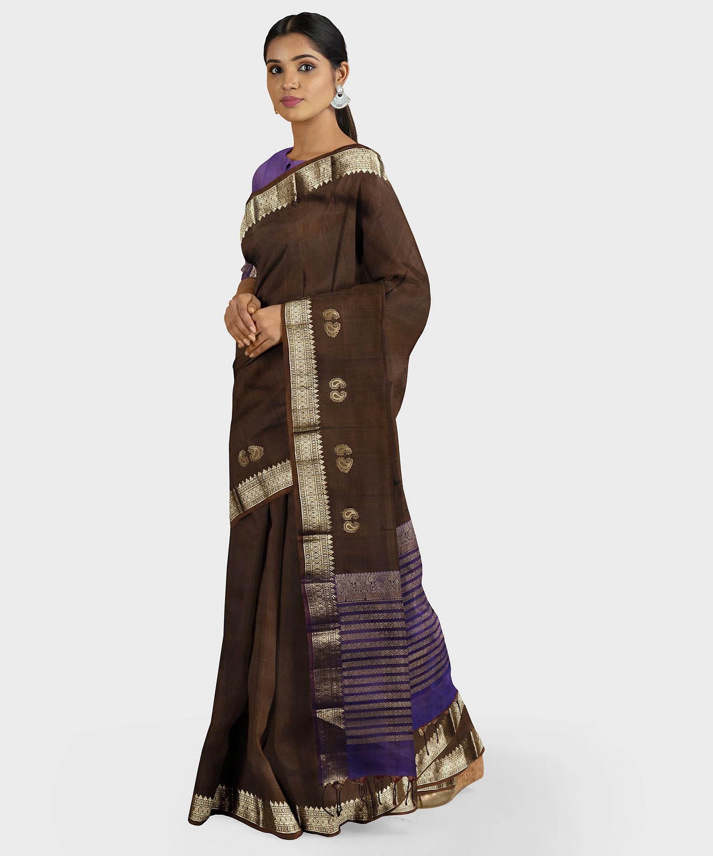Ambalika - Pure Silk Handloom Saree - Brown with Purple Pallu