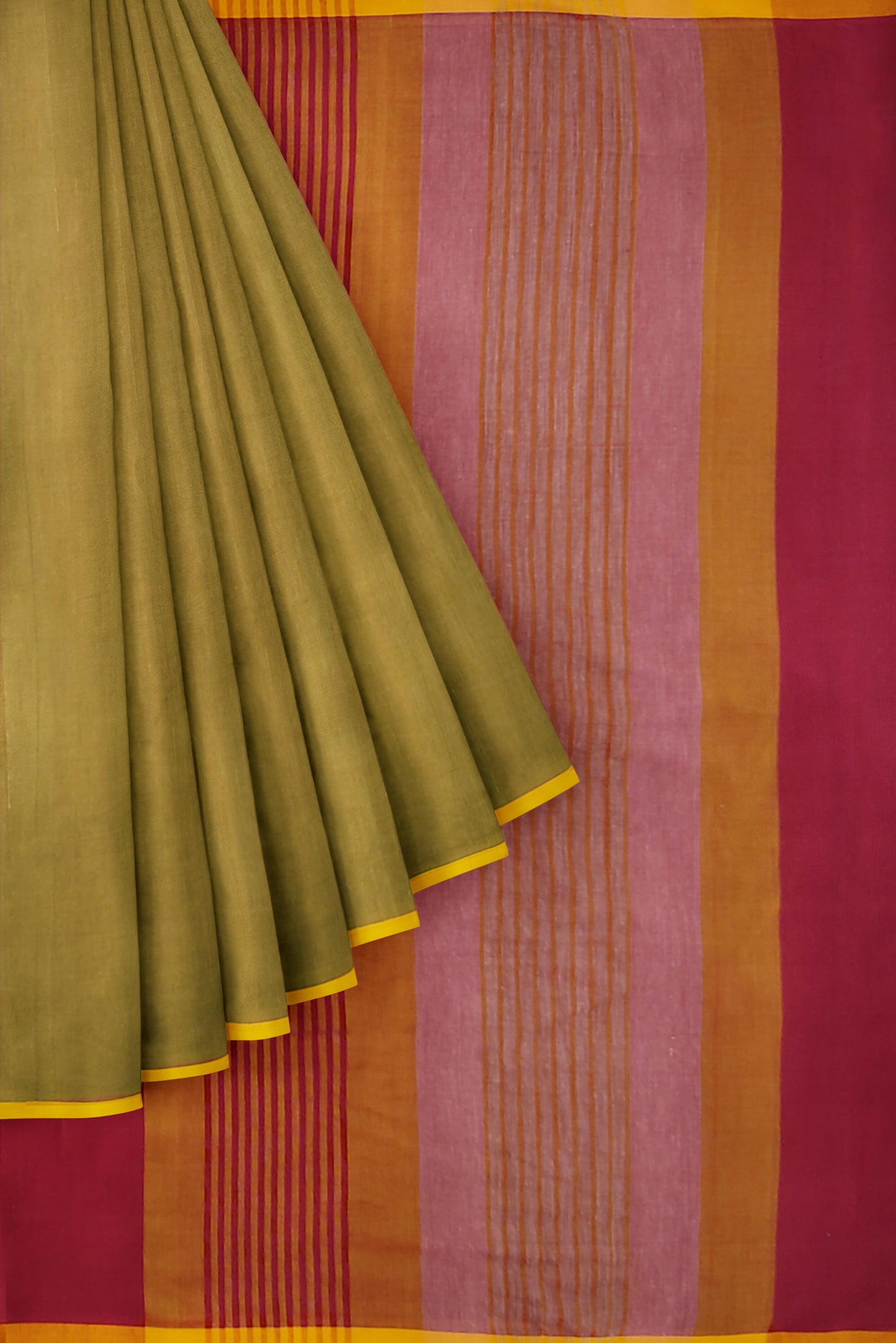 Maya - Tan body with yellow thin border and stripped Pallu Pure Cotton Handloom saree